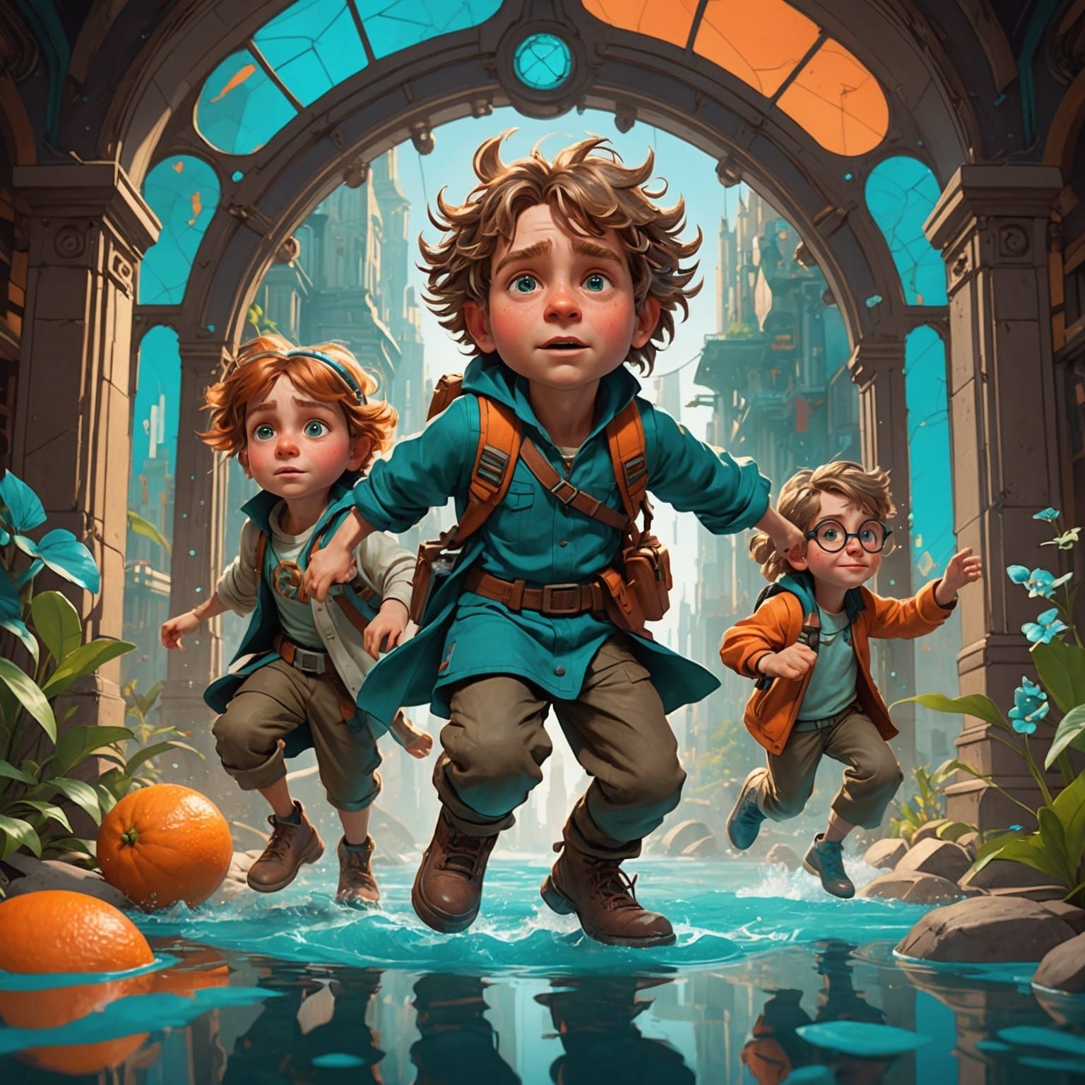 Miniature Children Explore Giant World, Art Nouveau Style