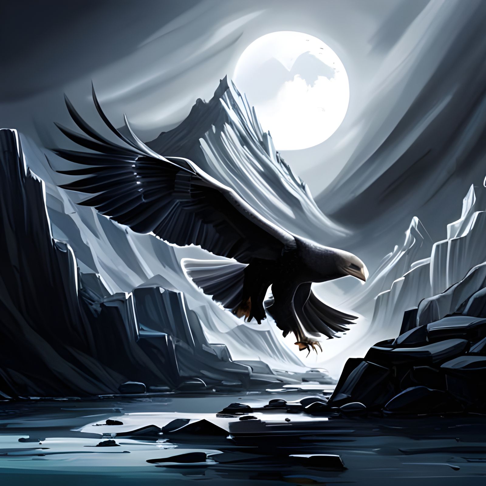 Obsidian Crystal Eagle in Flight: Ink Drawing