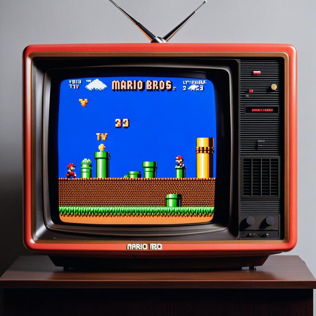 Vintage TV Displaying Mario Bros Game