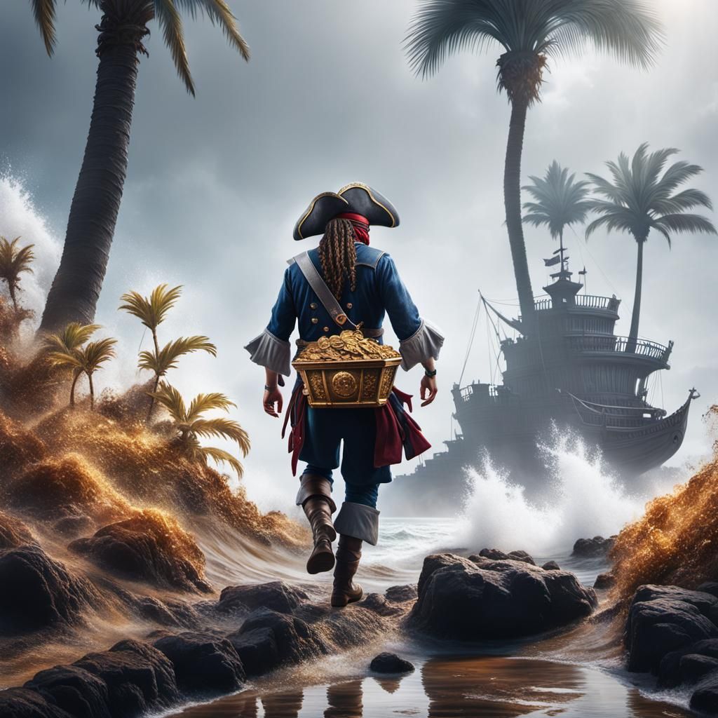 Happy Pirate and Son with Golden Treasure