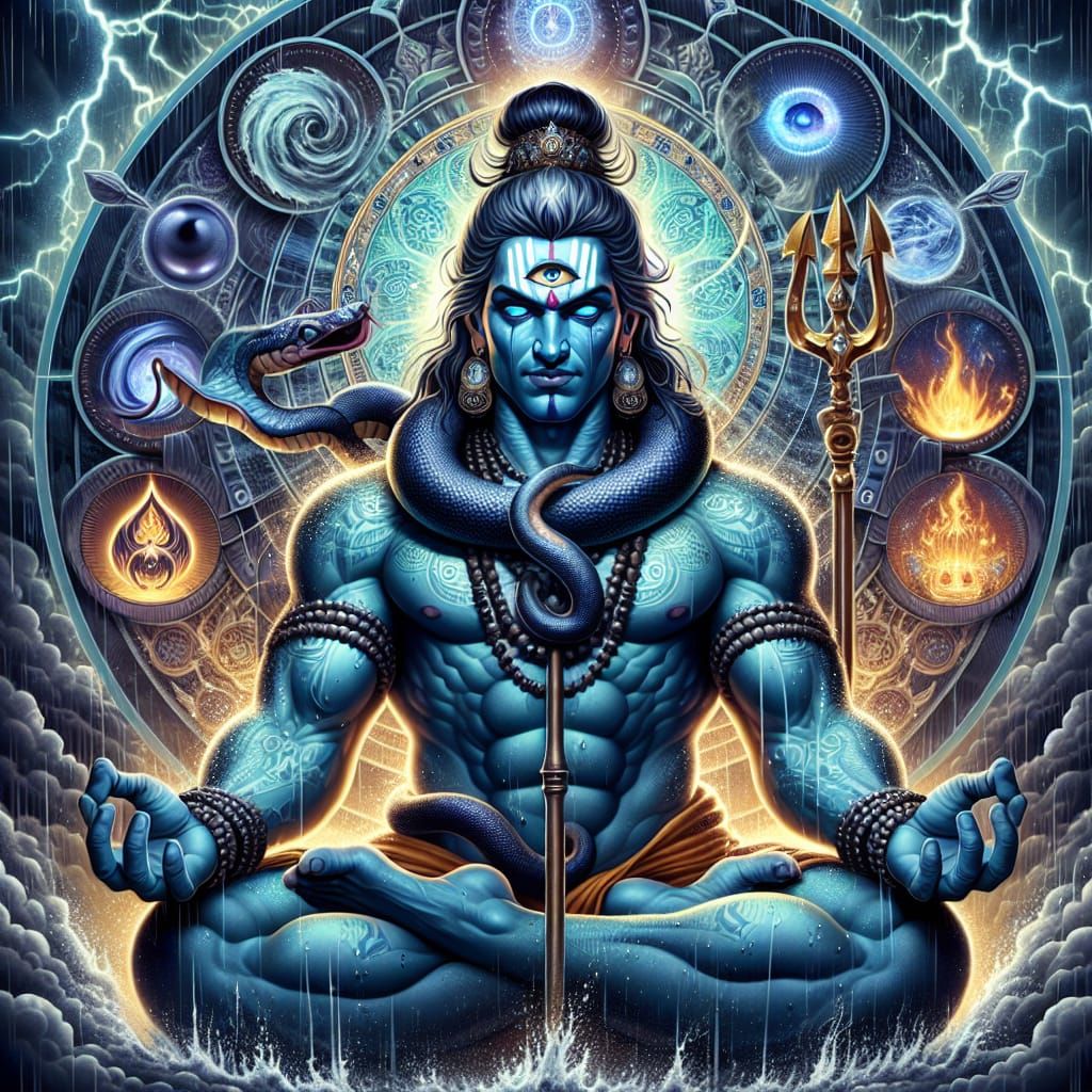 Lord Shiva Meditating in a Thunderstorm: Digital Painting