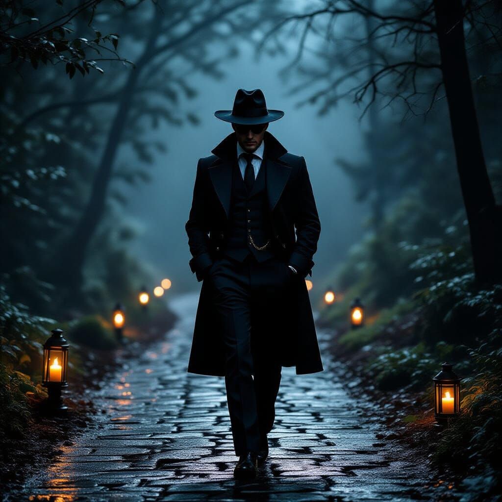 Mysterious Elegant Spirit on Misty Stone Path at Night