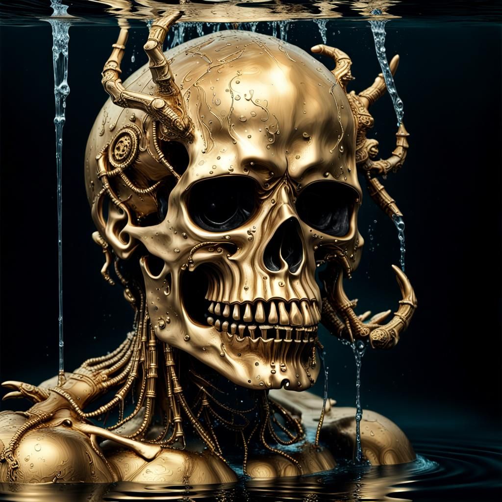 Cyberpunk Gold Skull in Dark Water Reverses