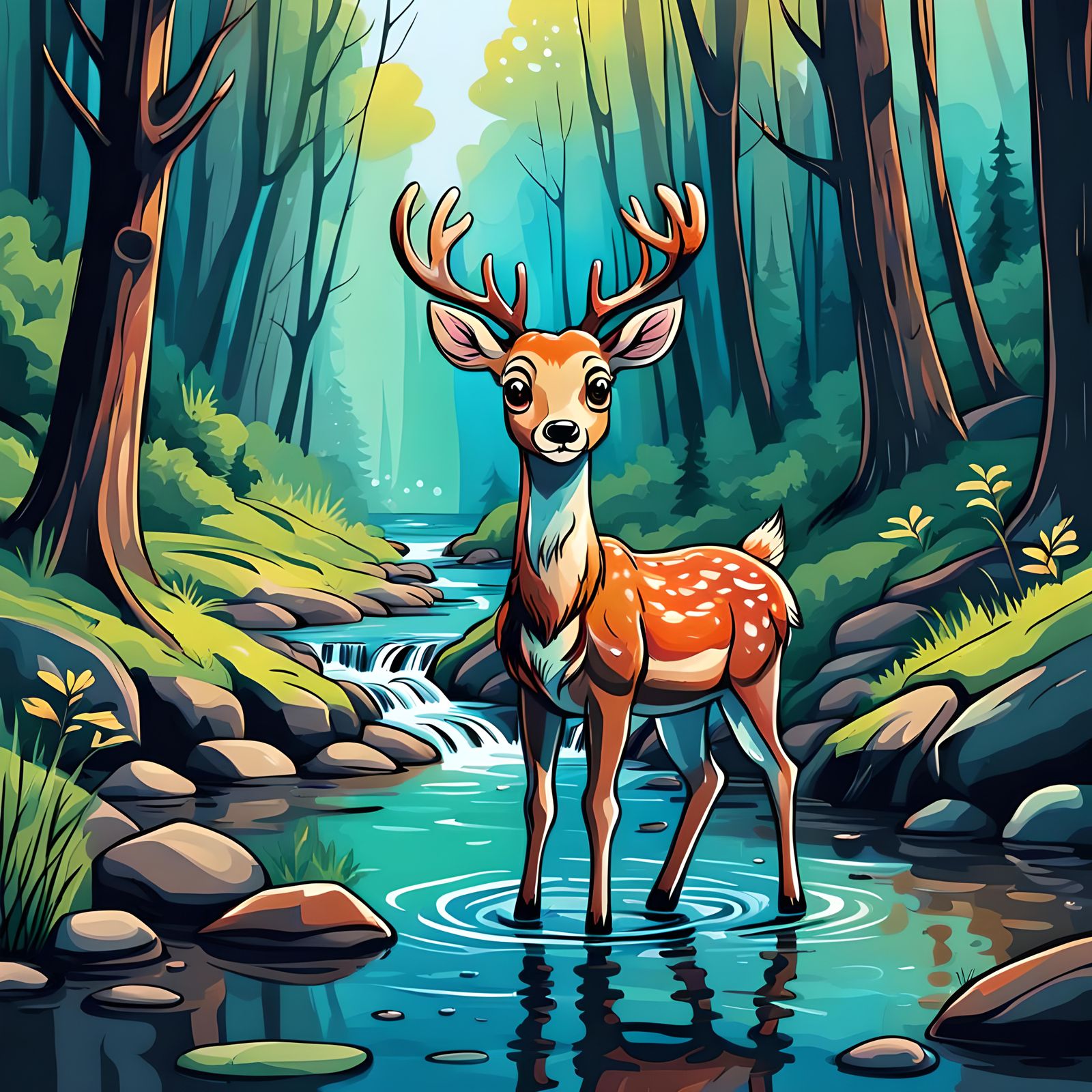 Chibi Deer in Creek: Expressionist Hand-Drawn Illustration