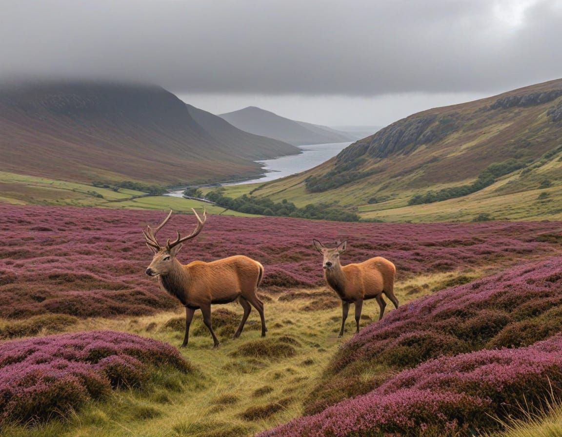 Deer Running Through Heather in Scottish Glen