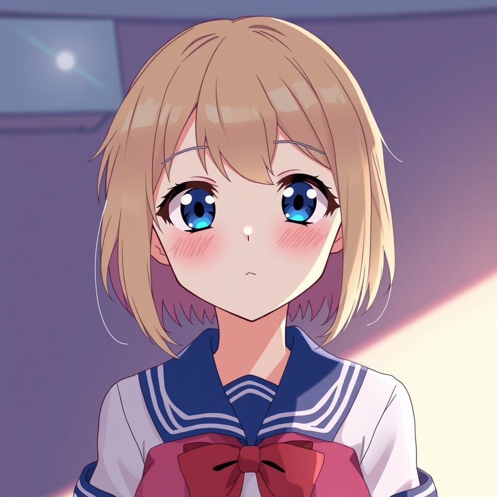 Anime-Inspired School Girl with Blonde Hair and Bright Cheek...