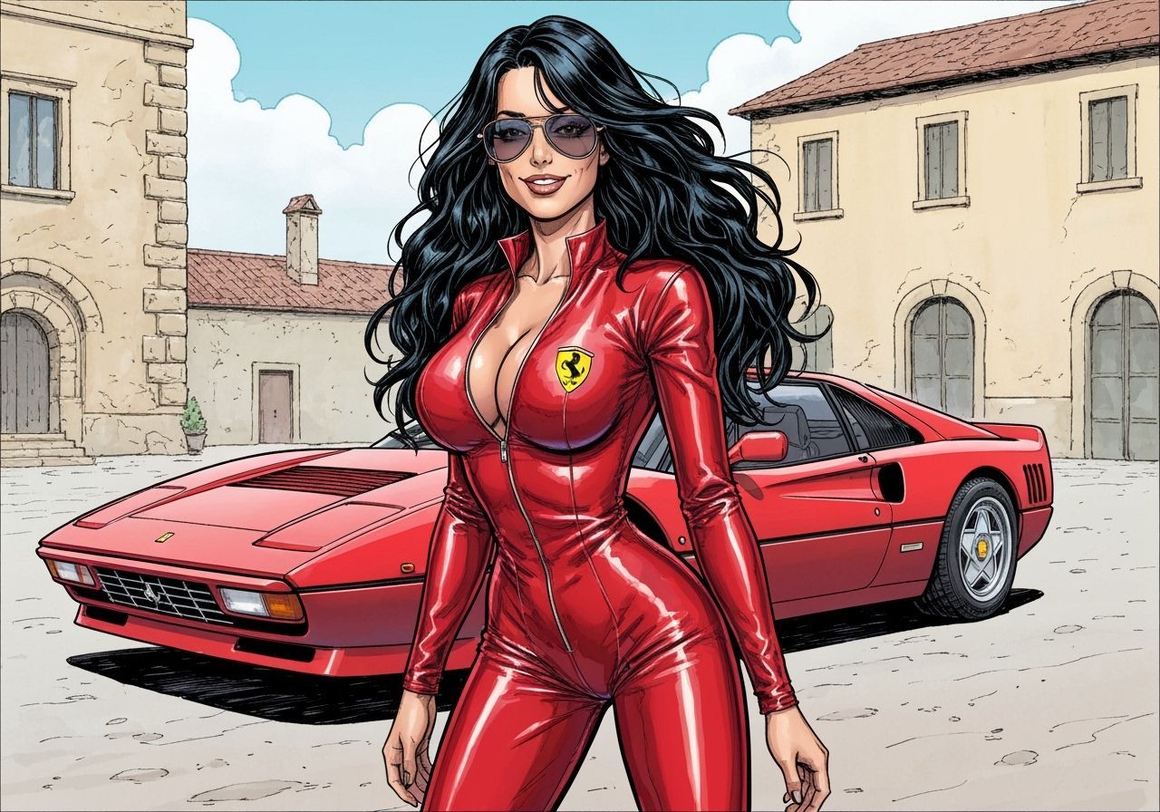 Italian Model and Ferrari in Hand-Drawn Comic Style