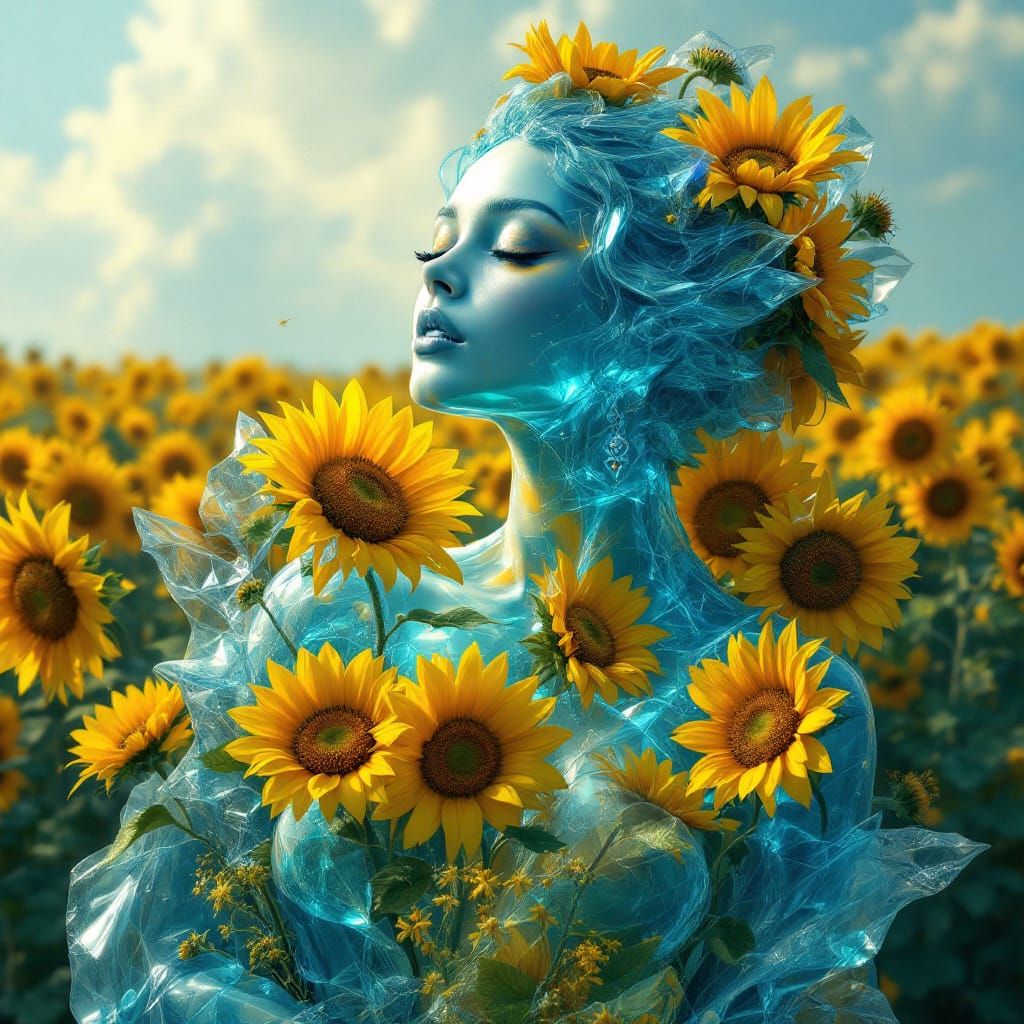 Surreal Sea Glass Sculpture of Woman Amidst Sunflowers