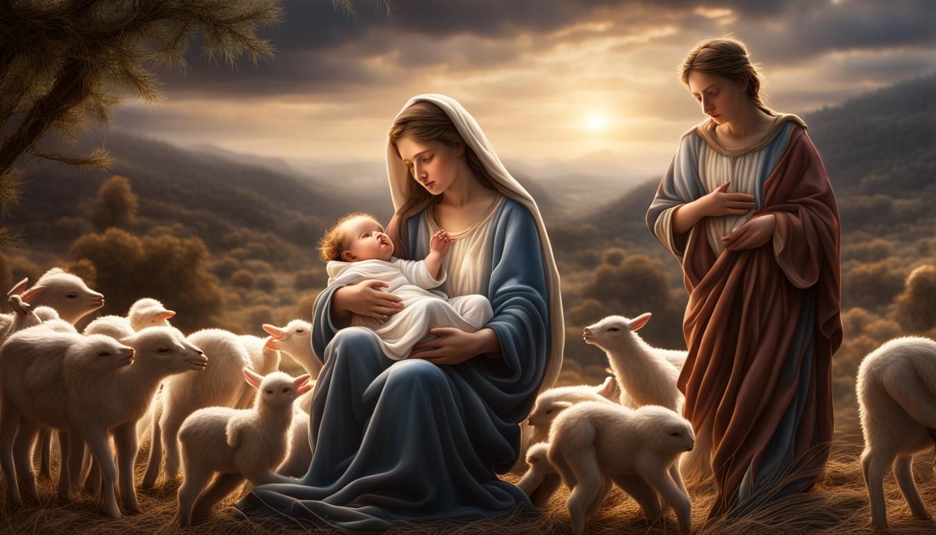 Mary and Baby Jesus with Angels in Landscape