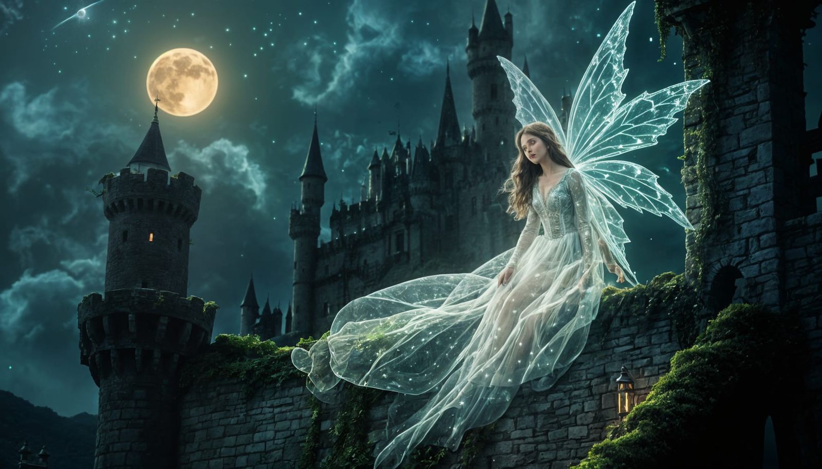 Ghostly Fairy in Moonlit Castle Rooftop Scene