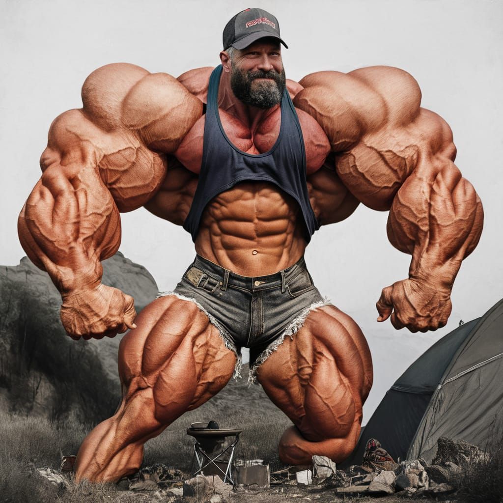 hyper muscular bodybuilder camping, 1980s, 50 year old, thic...