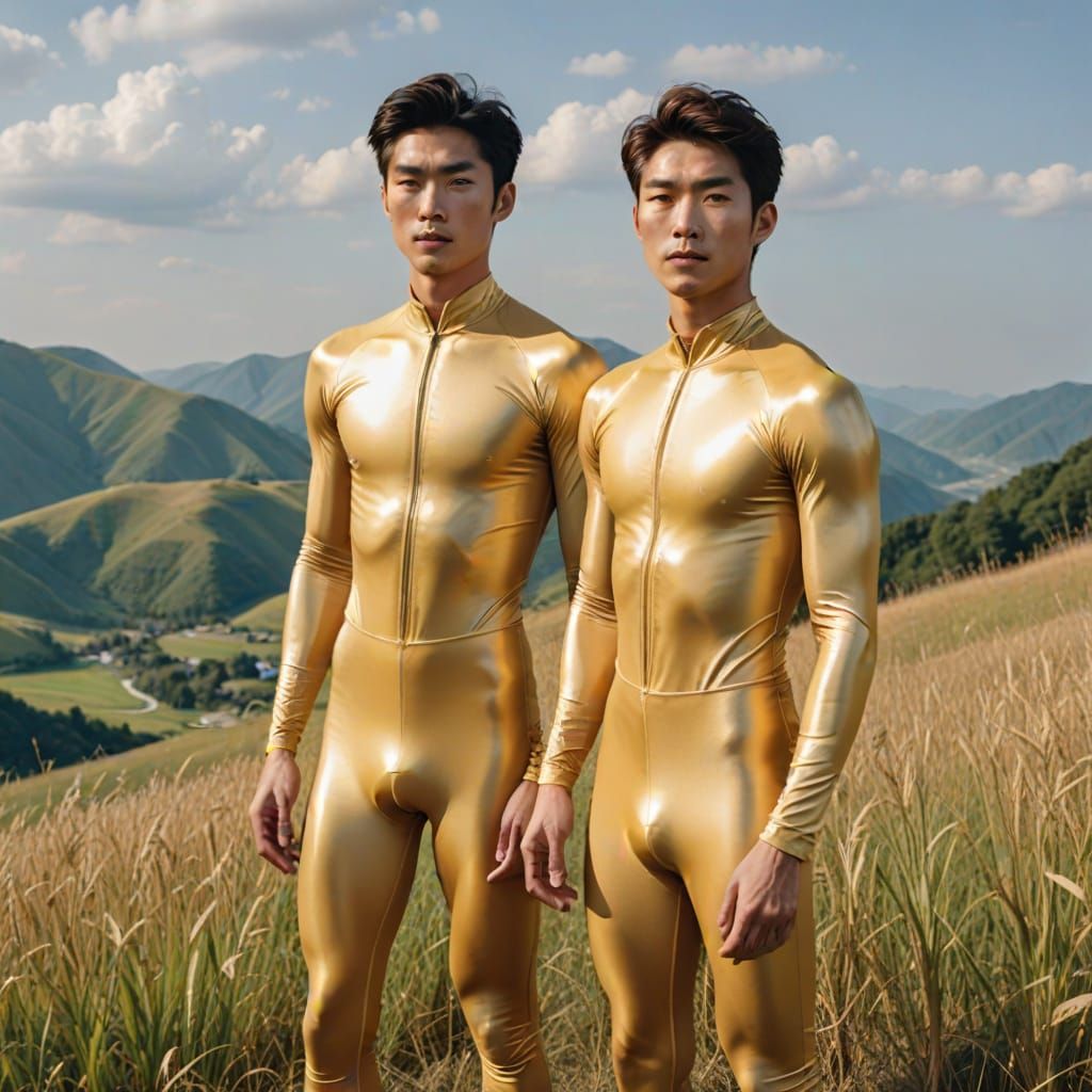 Handsome Young Men in Gold Outfits on Meadow Hillside