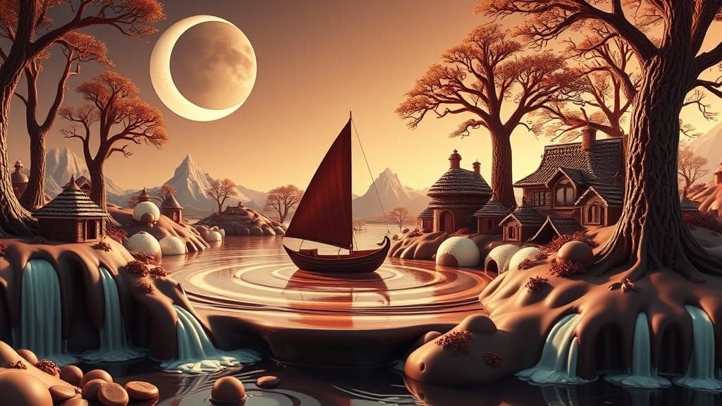 Magical Chocolate Landscape with Moon and Sailboat