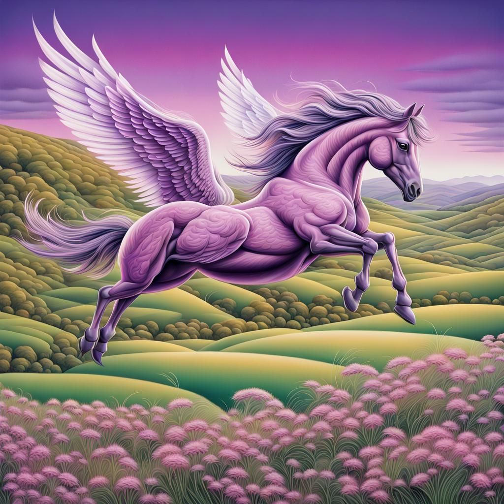 Winged Horse Soaring Over Colorful Hills