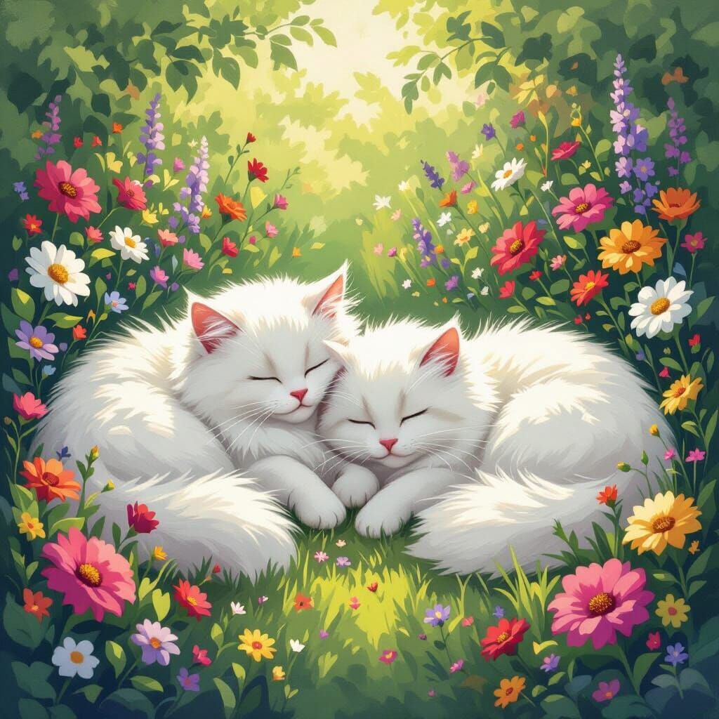 Two White Cats Sleeping Peacefully in a Vibrant Garden