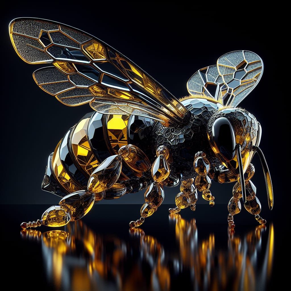 Crystal Bee in Flight: 3D Rendered Glass Sculpture