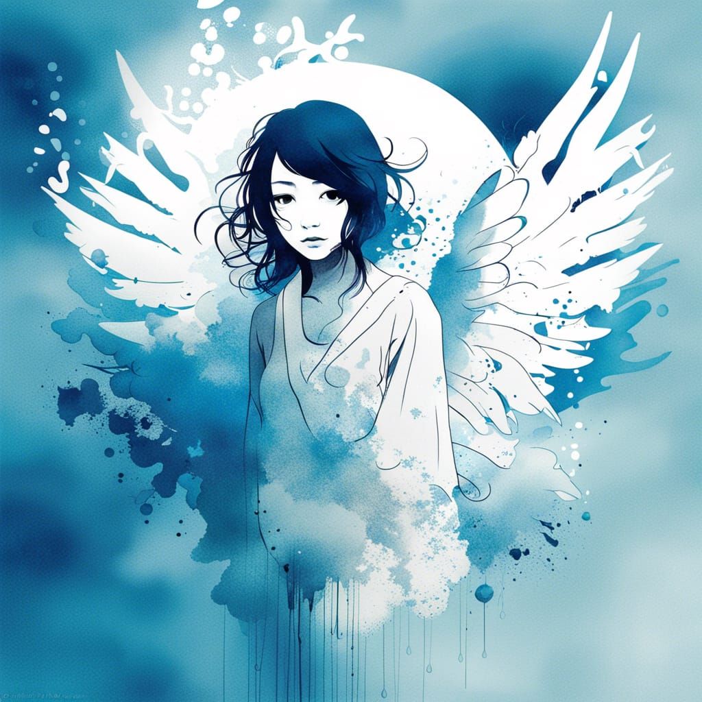 Monochrome Angel Silhouette in Ink Art Style