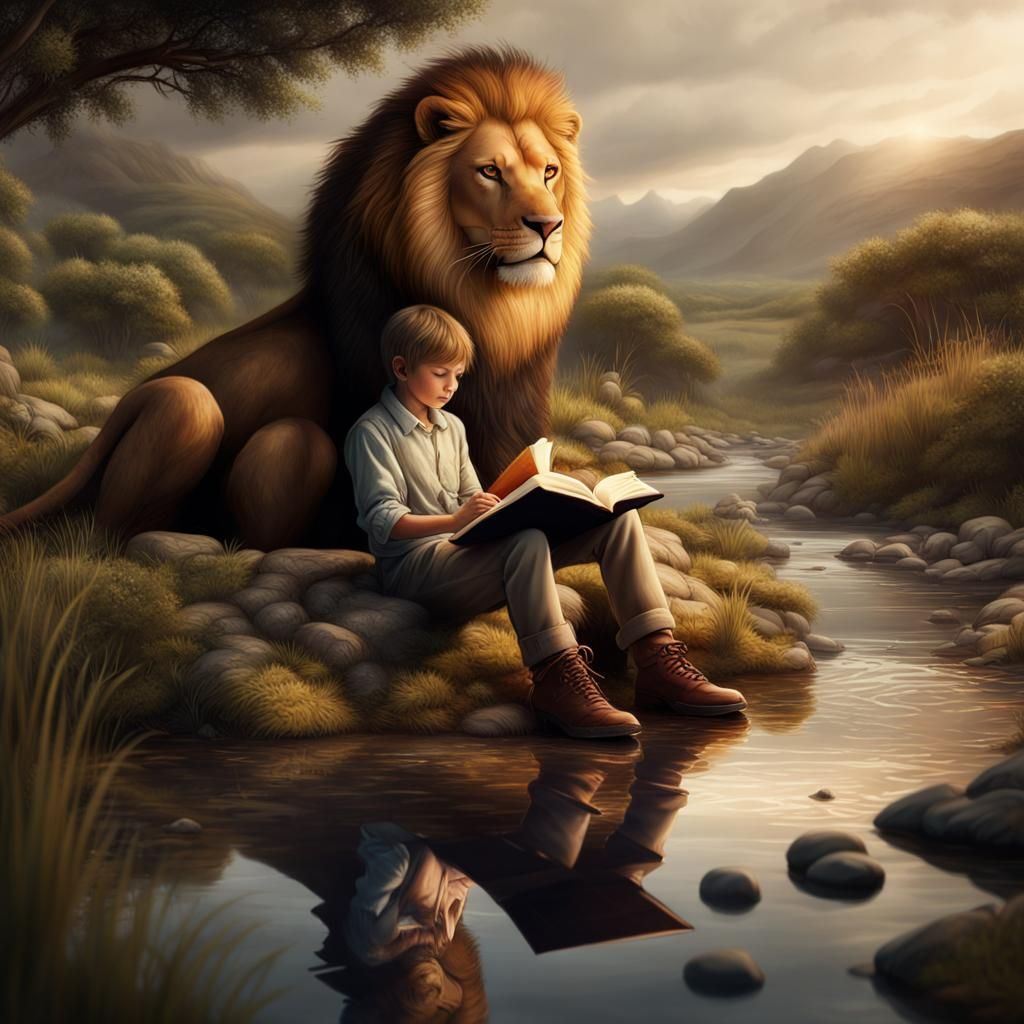 Boy Reading Book by Stream with Lion