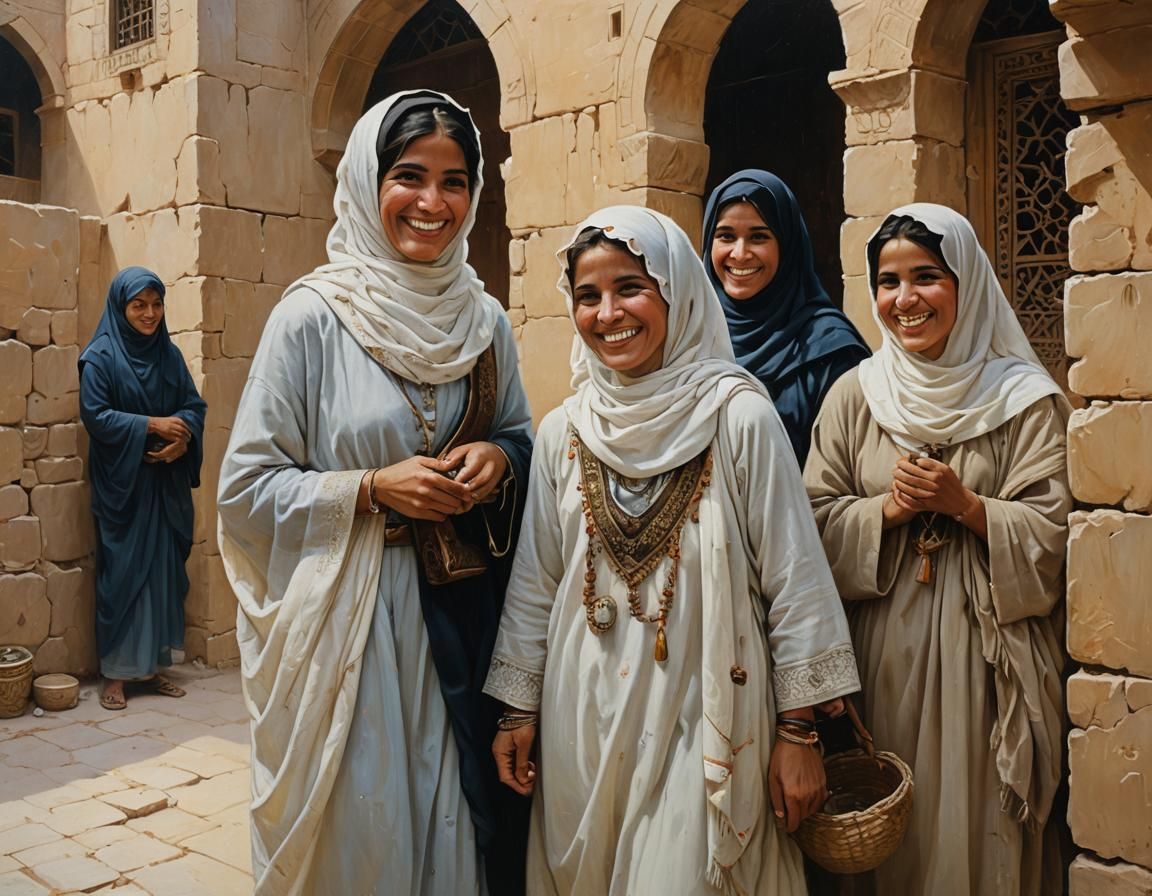 Smiling Arabic Women in Abayas: An Oil Painting