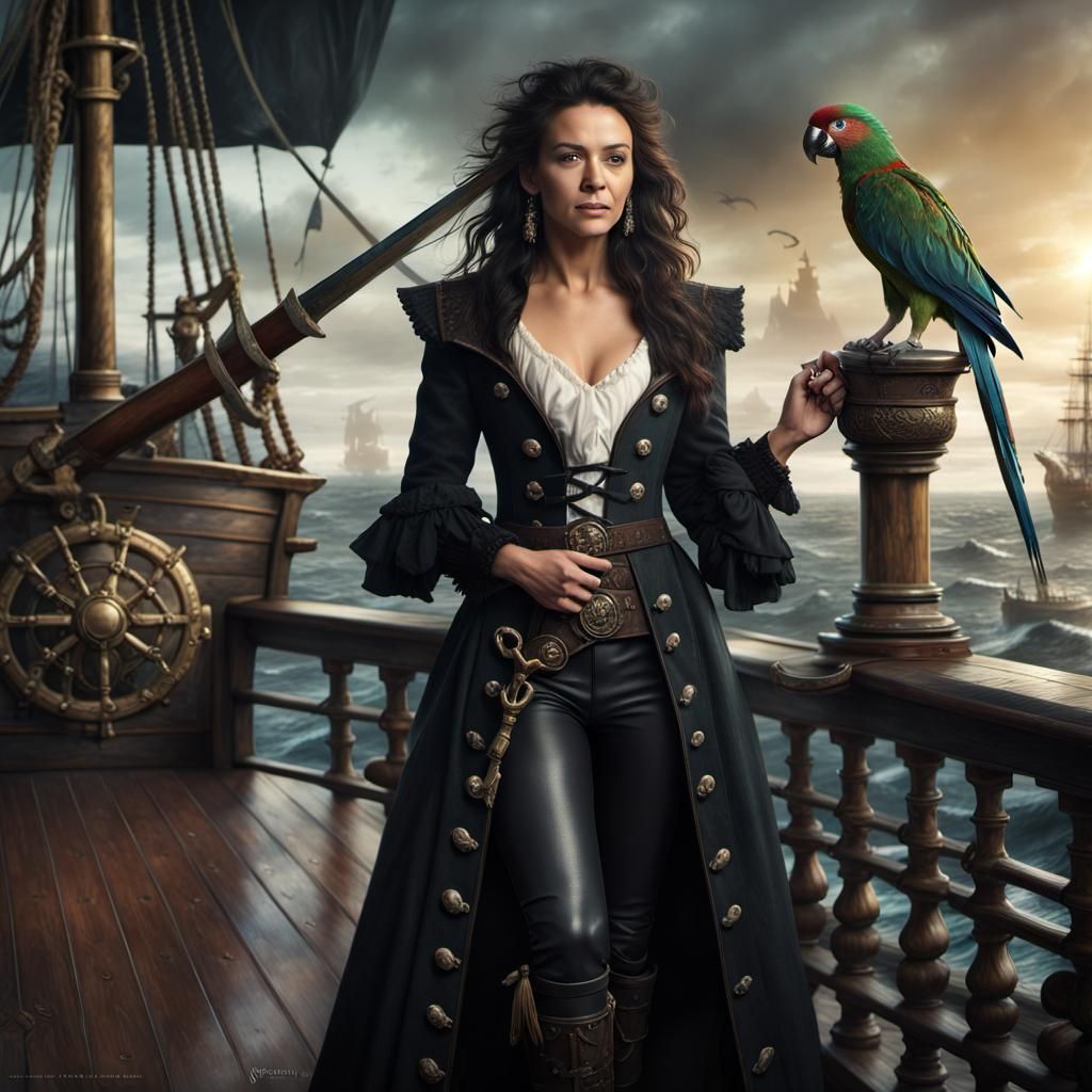 Pirate Woman with Parrot on Ship Deck