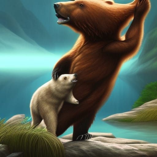 Fantastical Bear and Fish Hugging in Deep Color