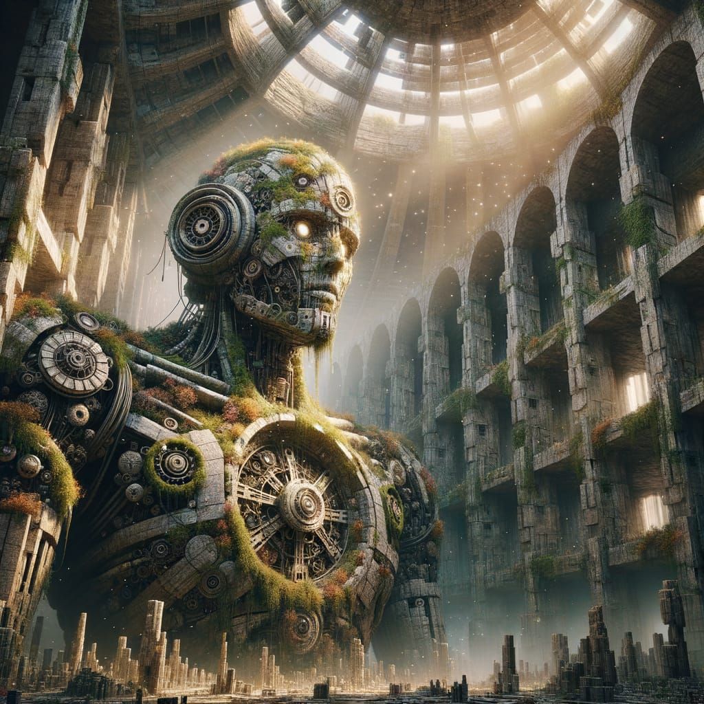Ancient Automaton in Ruined City, Surreal Photorealism