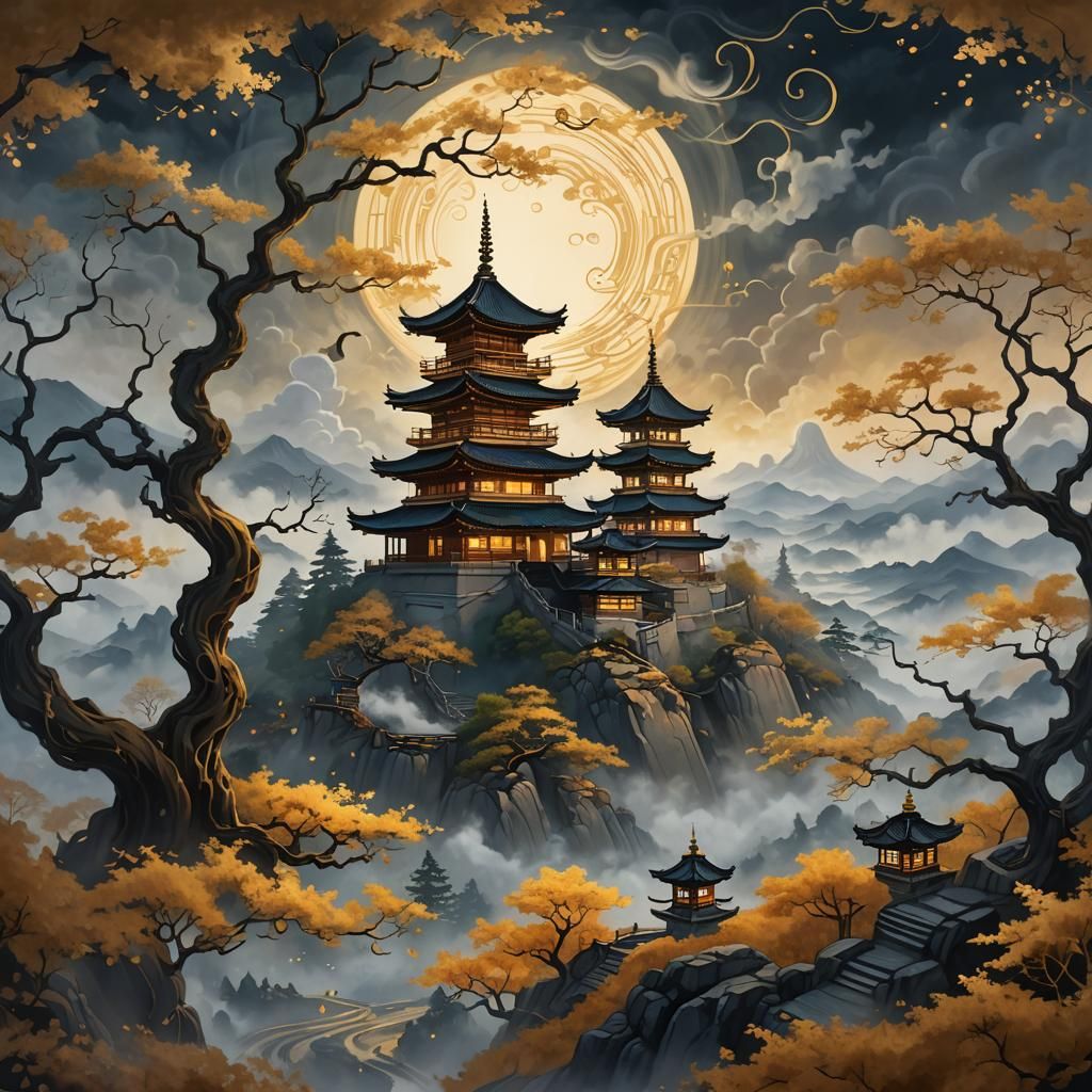 Mystical Pagoda in Fantasy Landscape Digital Painting