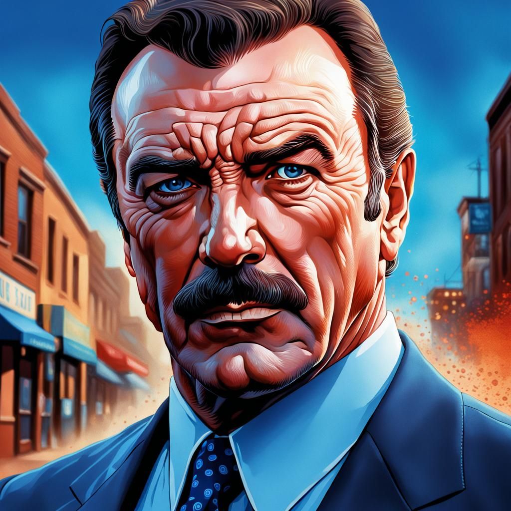 Tom Selleck Hyperrealistic Portrait in Splash Art Style
