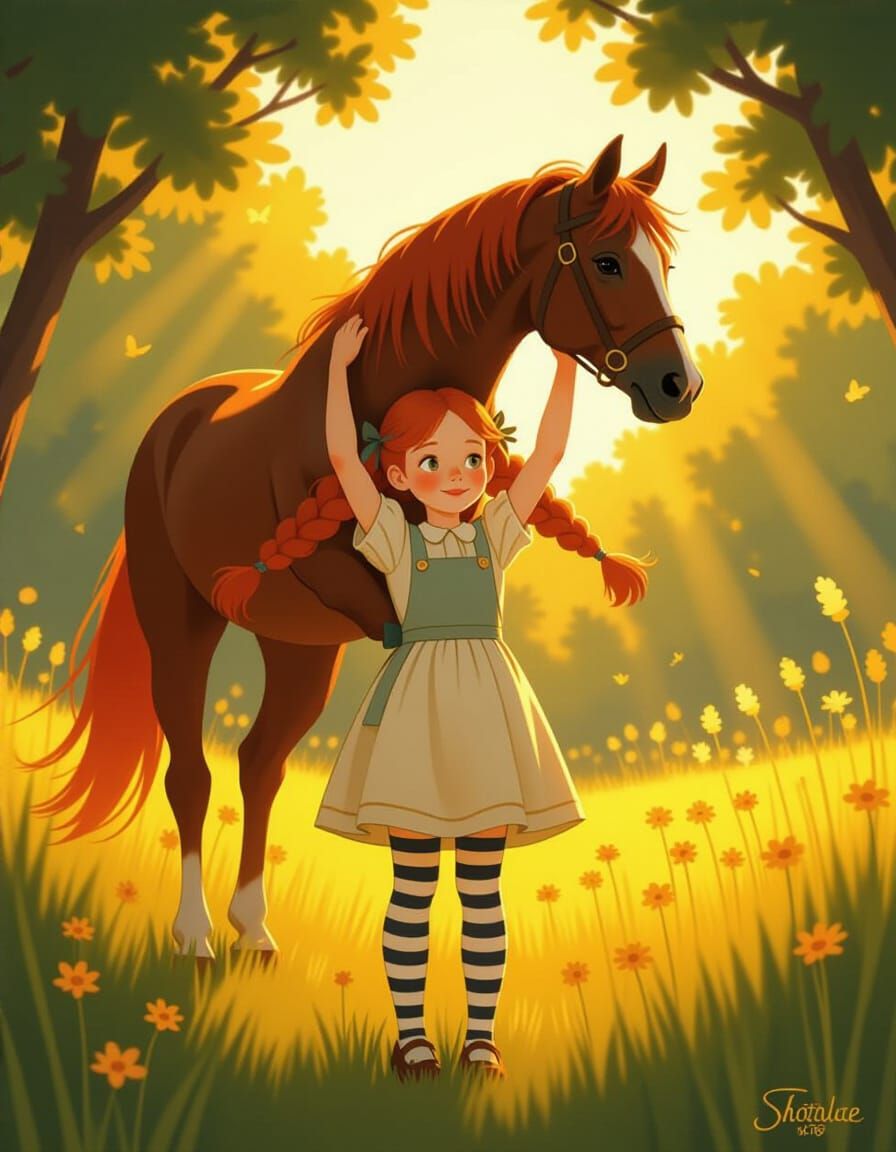 Whimsical Storybook Girl Lifts Horse in Golden Hour Meadow