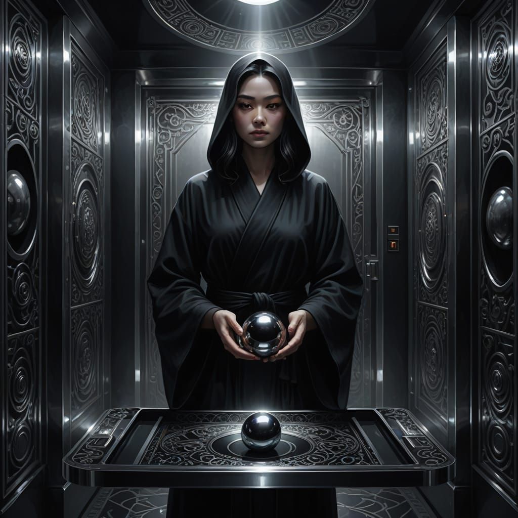 Mysterious Woman in Silver Elevator with Ethereal Orbs