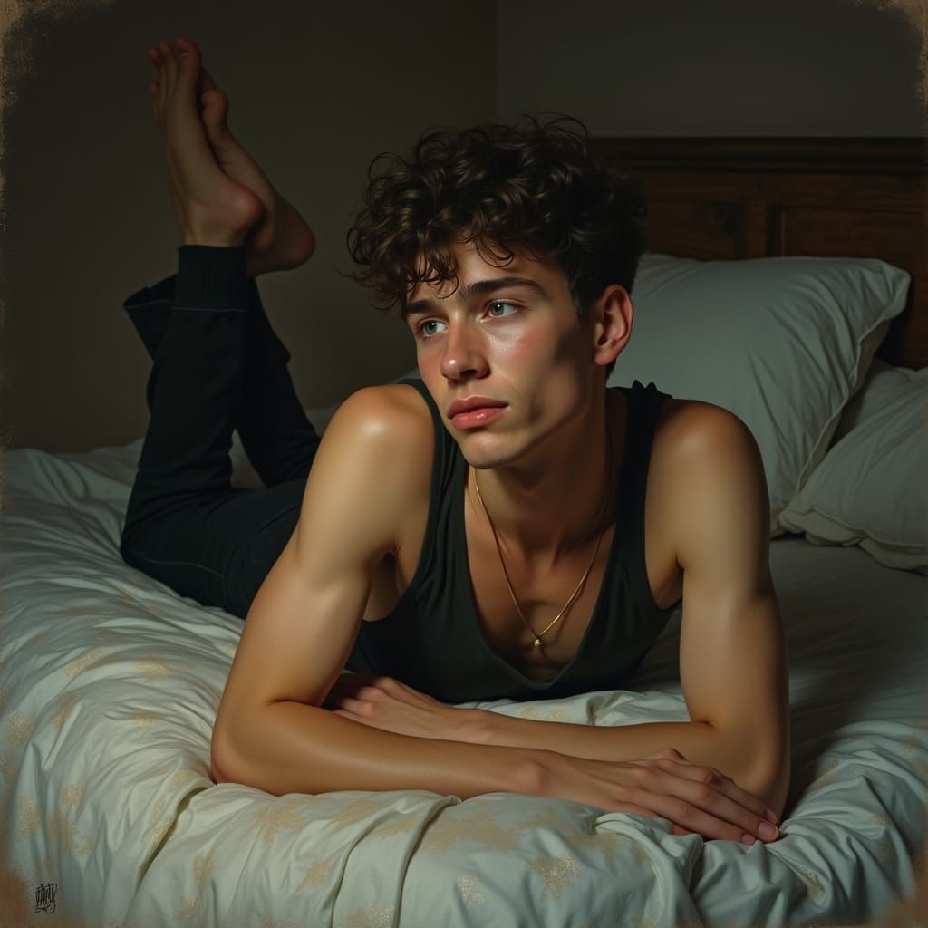 Relaxed Young Man Exudes Exhausted Contentment in Cozy Bed S...