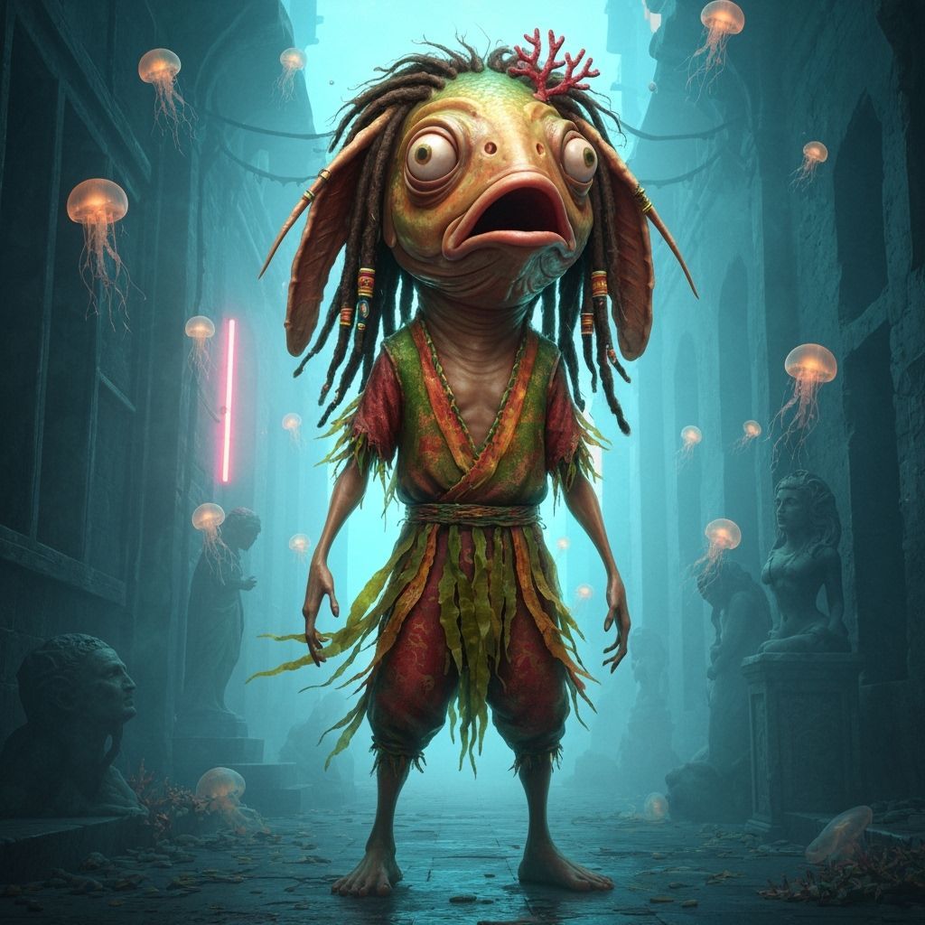 Surreal Fish-Headed Being in Neon Alleyway