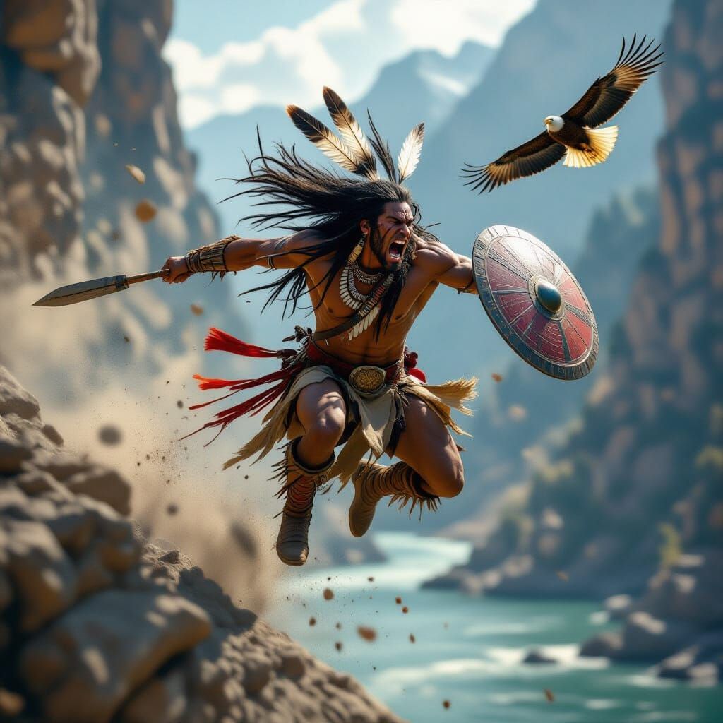 Fierce Native American Warrior Leaping from Cliff