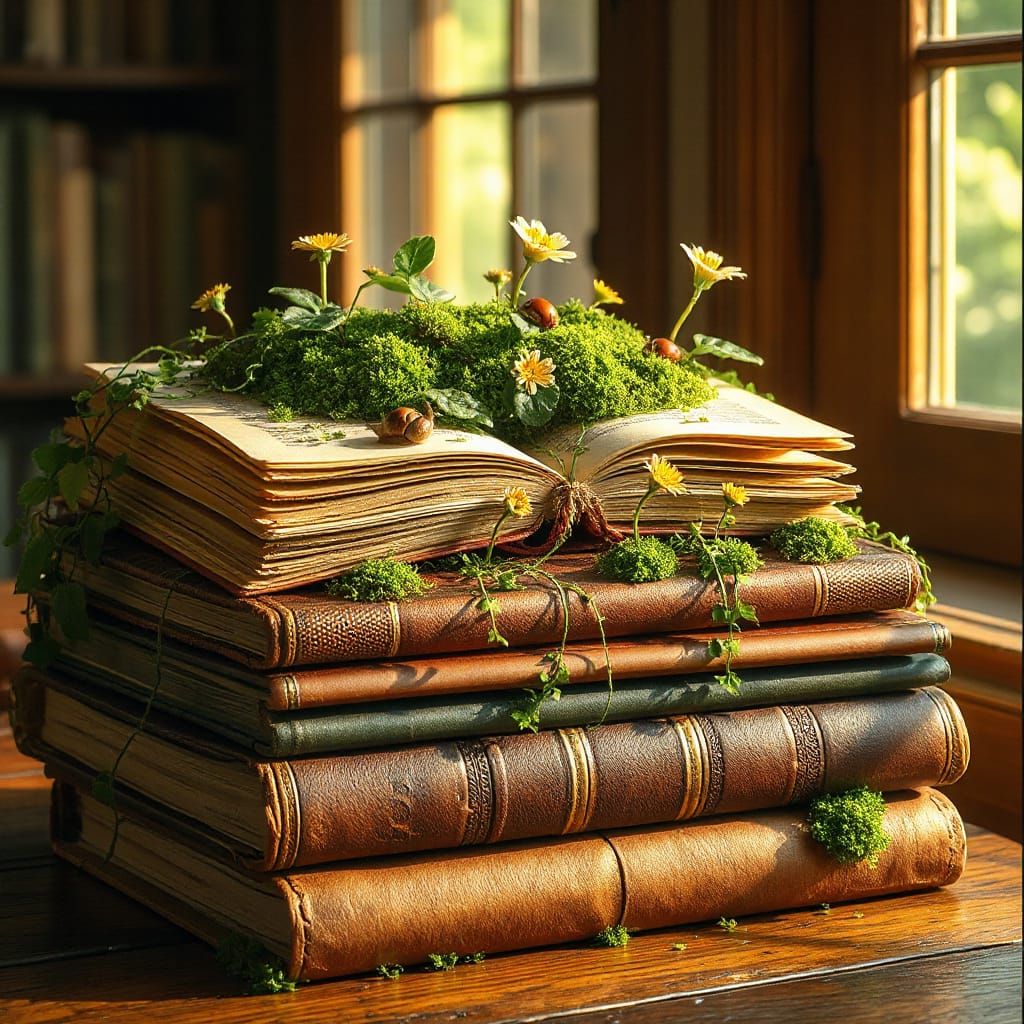 Enchanted Library: Vines and Flowers Bloom in Old Books