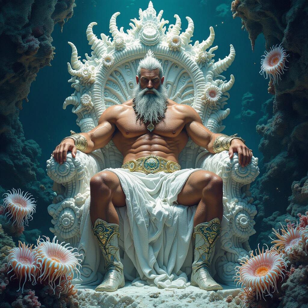 King Neptune on Coral Throne in Sci-Fi Style