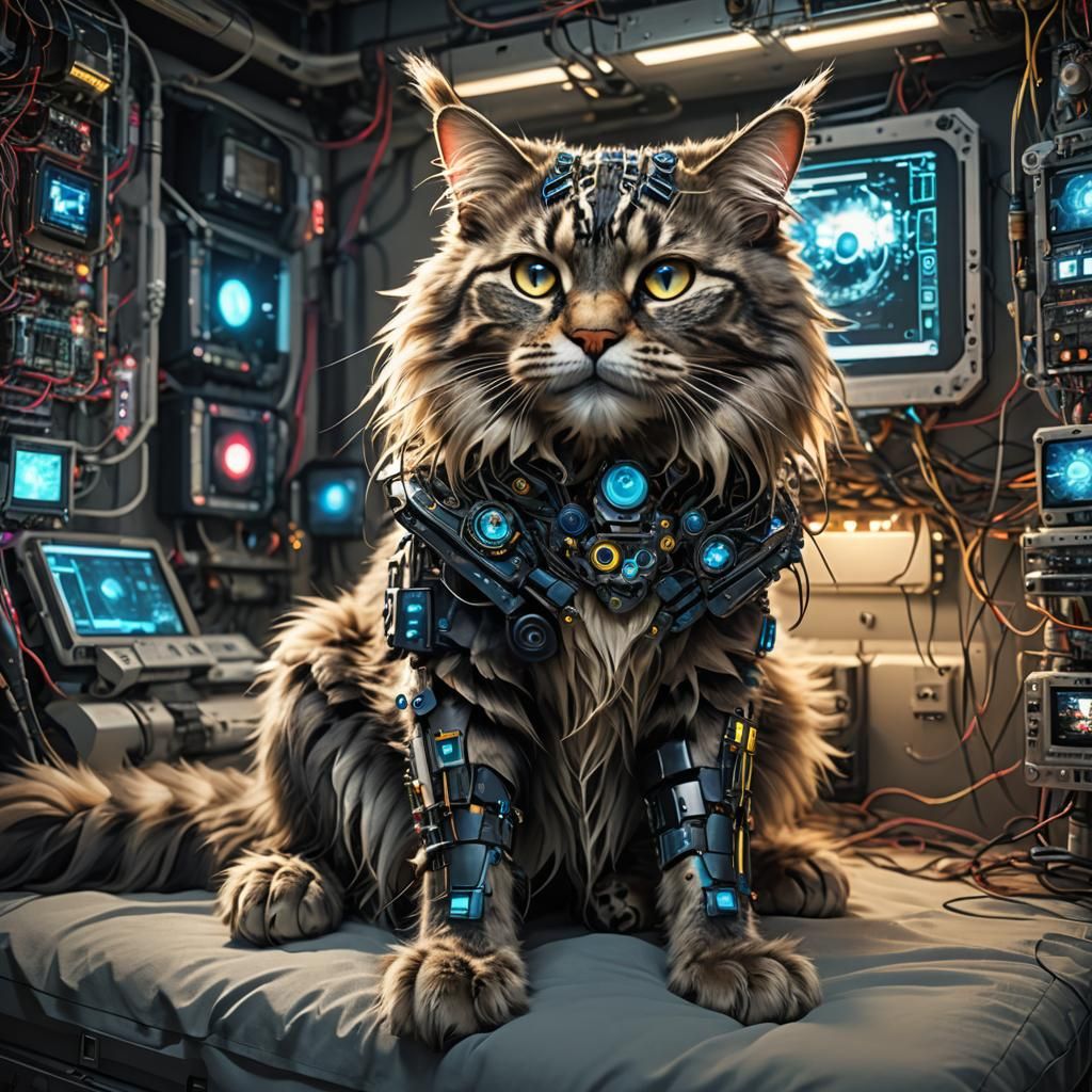 Cybernetic Maine Coon Cat in Sci-Fi Style
