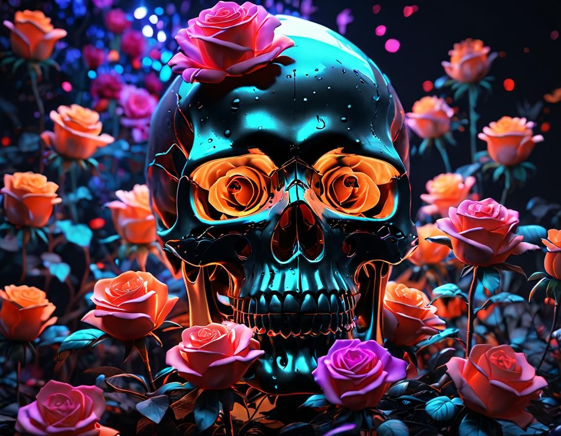 Holographic Skull with Neon Roses in 3D Anime Art