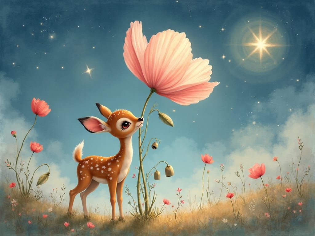Ethereal Deer Bows to Magical Poppy in Starry Night