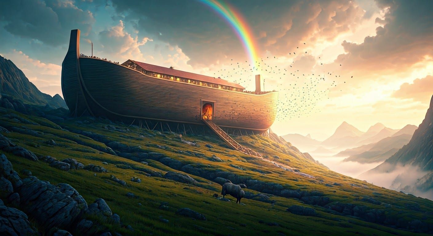 Rainbow Noah's Ark on Mountain, Hyperrealistic