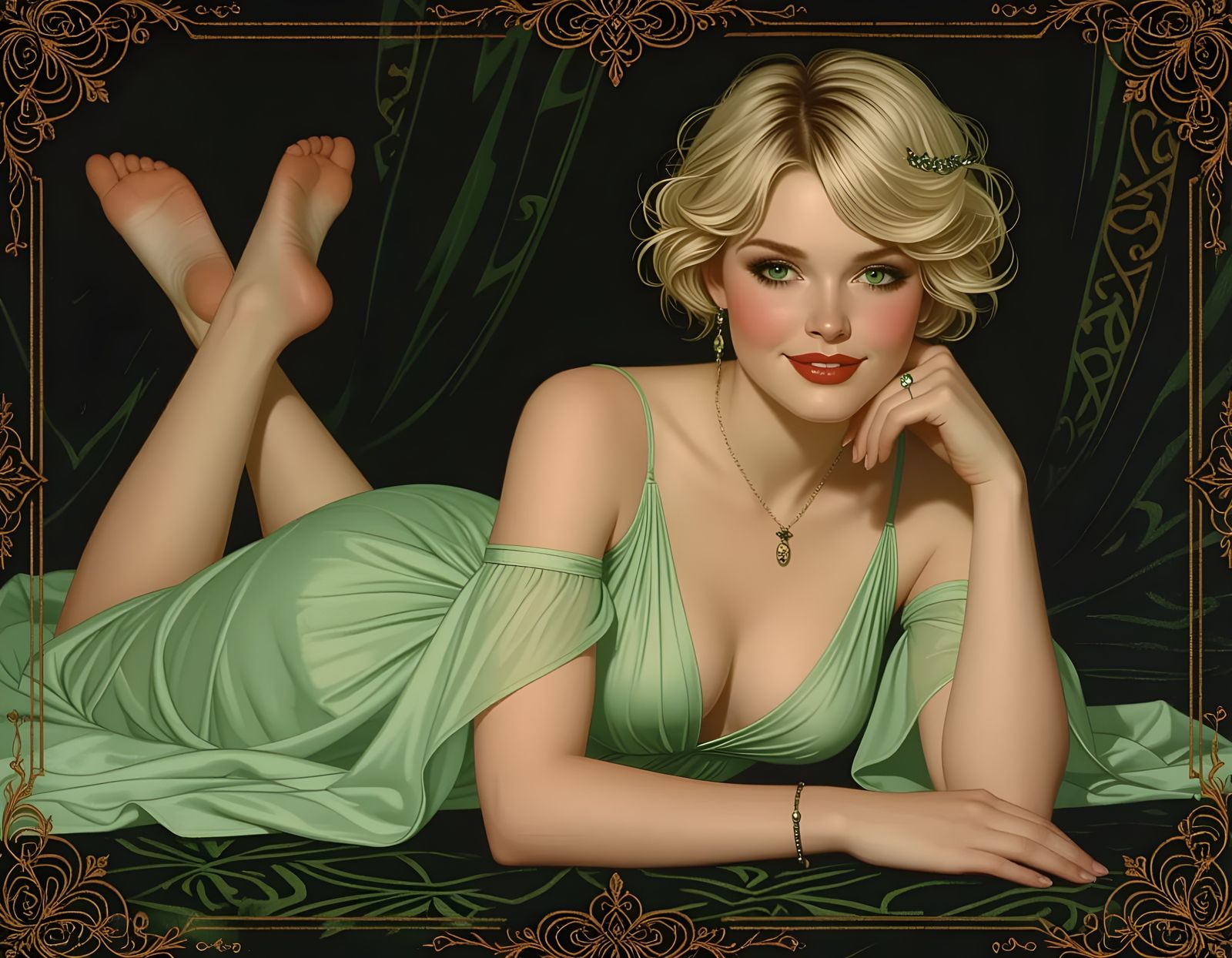 Norse Goddess Eir in Emerald and Gold Masterpiece