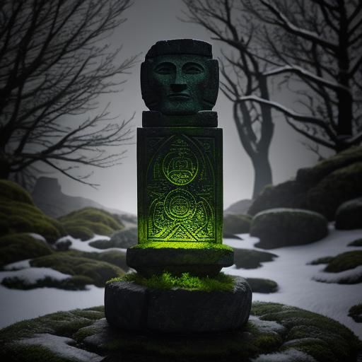 Stunning Celtic stone totem entirely covered with traditional Celtic carvings. Red moon, fire, flames. moss and ice in t...