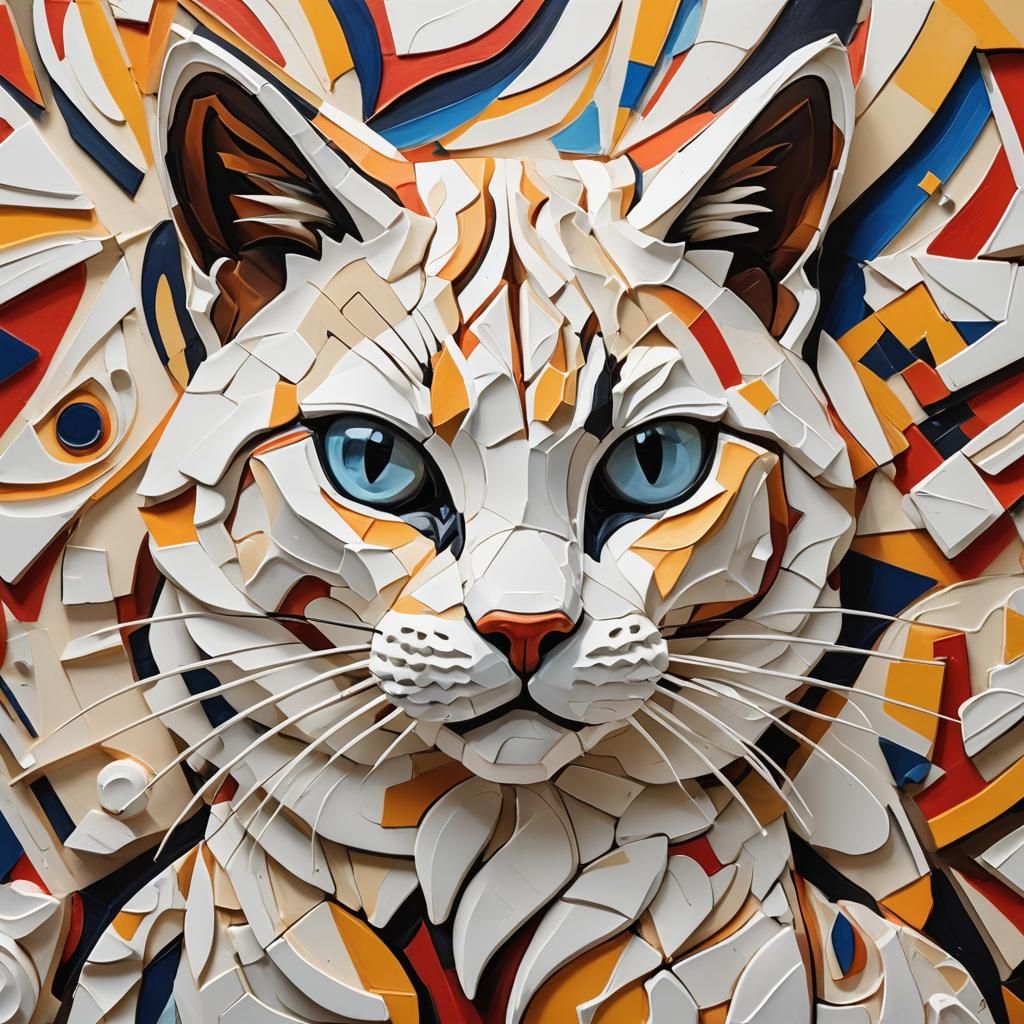 Whimsical Meringue Cat in Cubist Geometric Fauvism