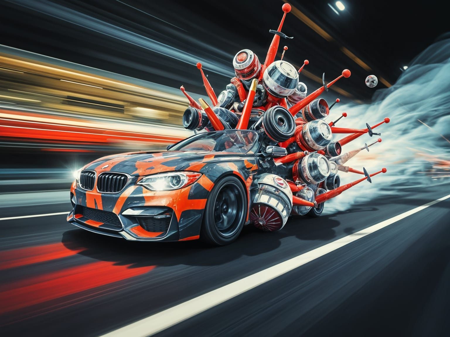 Abstract Fractal Car Disintegrating in Surreal Mixed-Media C...