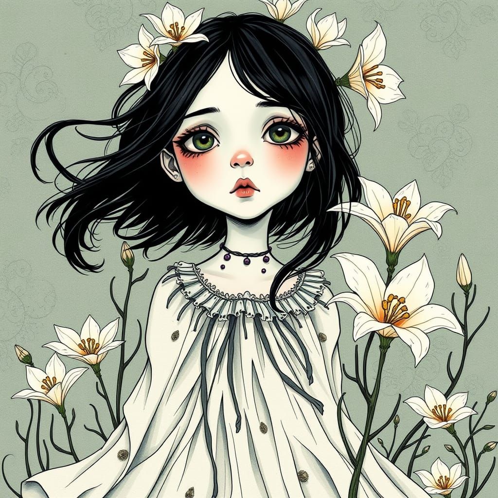 Whimsical Goth Princess Amidst Lilies