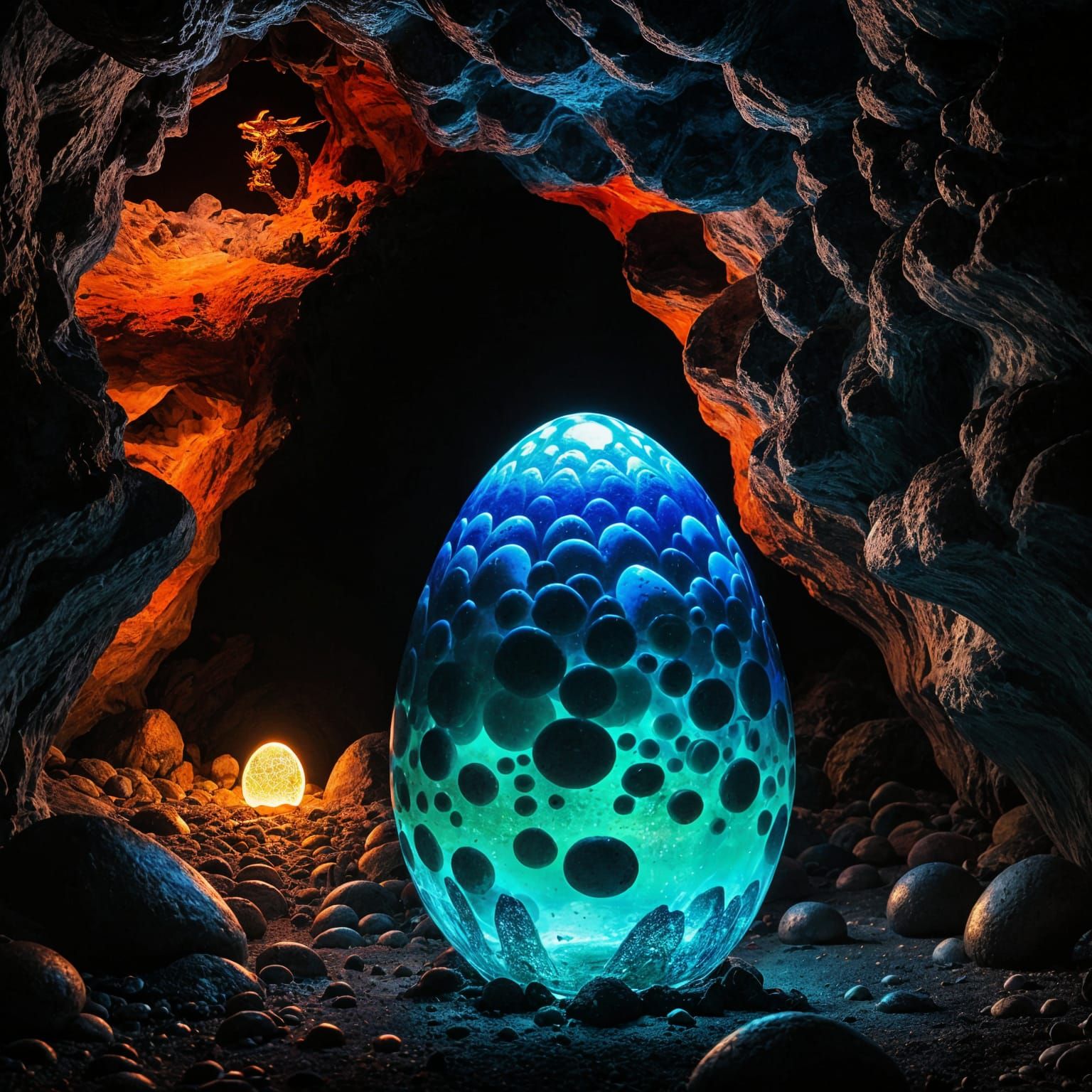Dragon Egg Lava Lamp in Bioluminescent Cave
