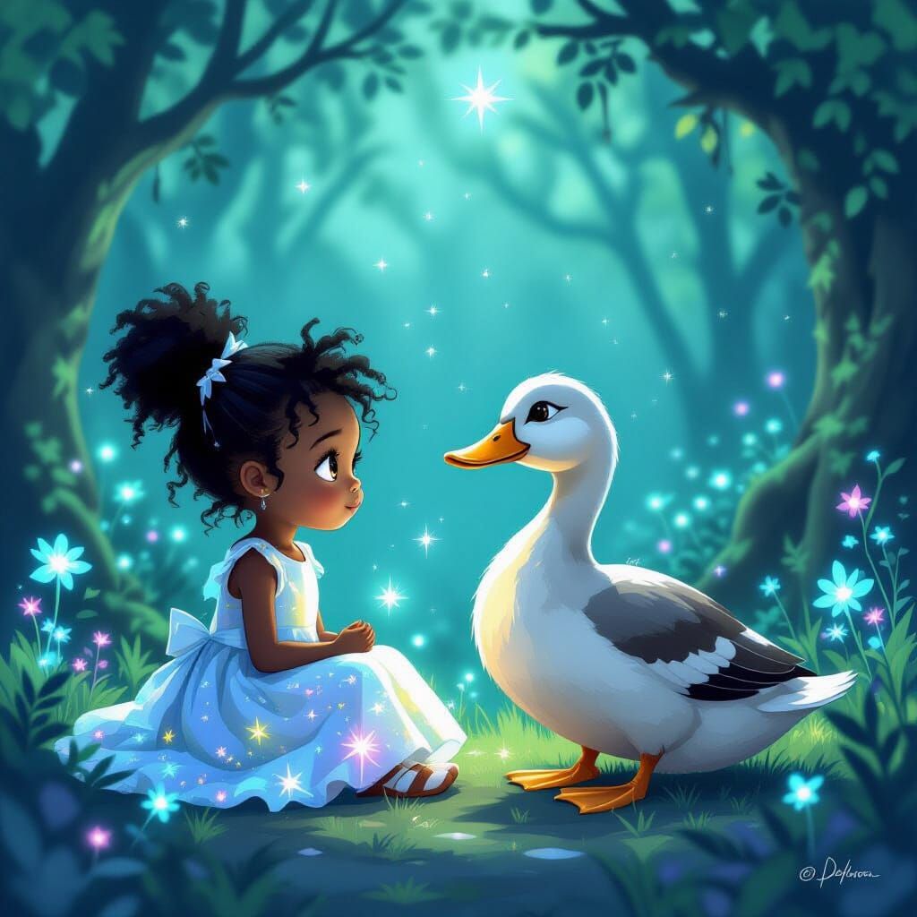 Child and Wise Duck in Ethereal Starlight Grove