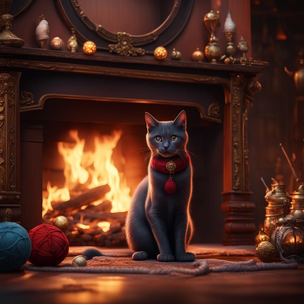 Kitten by Fireplace with Cat Toy Stockings