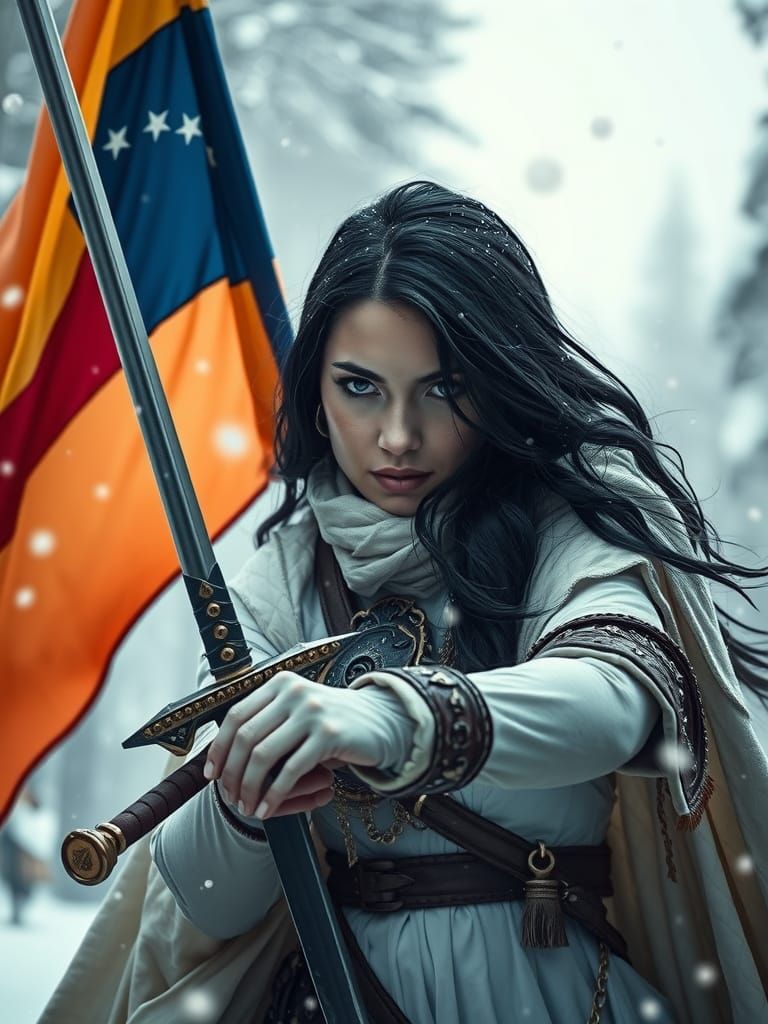 Venezuelan Warrior Queen in Winter Forest, Hyperrealistic St...