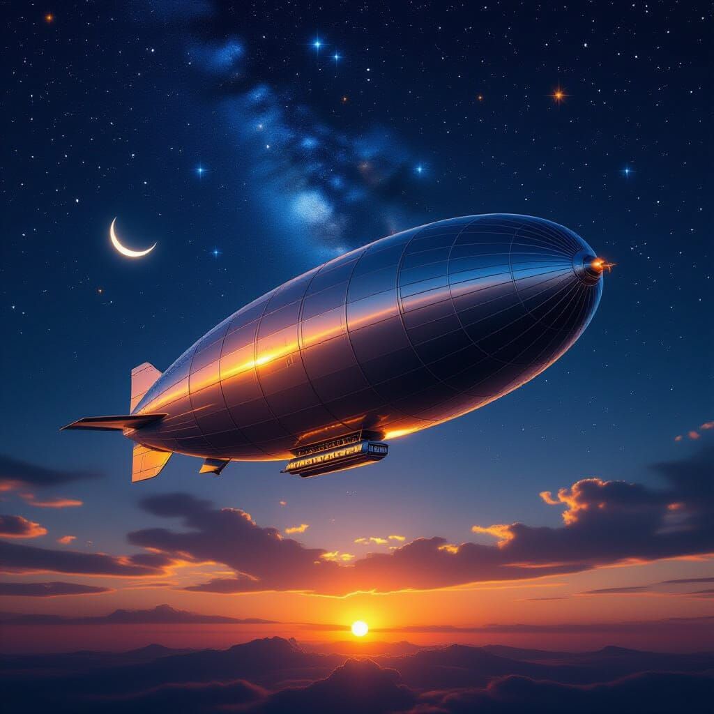 Liquid Mercury Zeppelin in Amber Twilight Sky