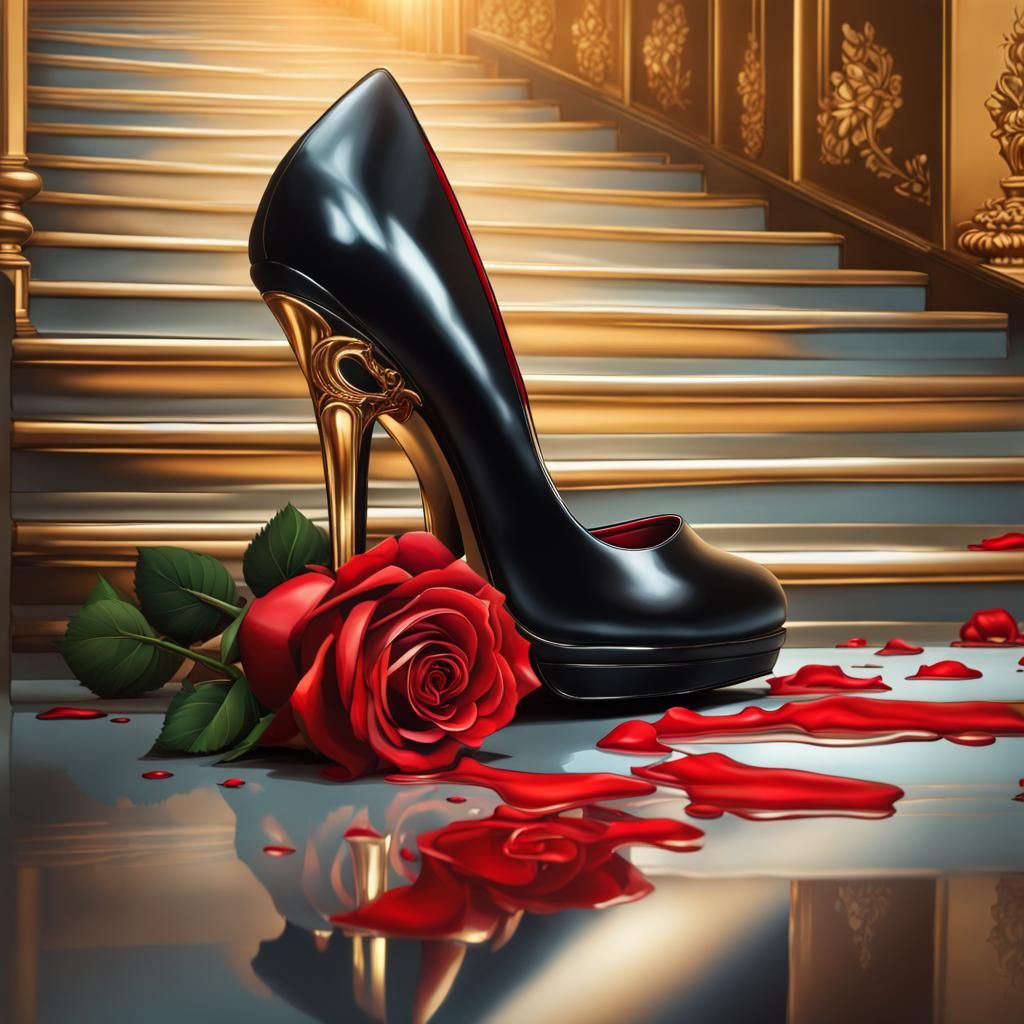 Black Heels and Red Roses on Gold Staircase